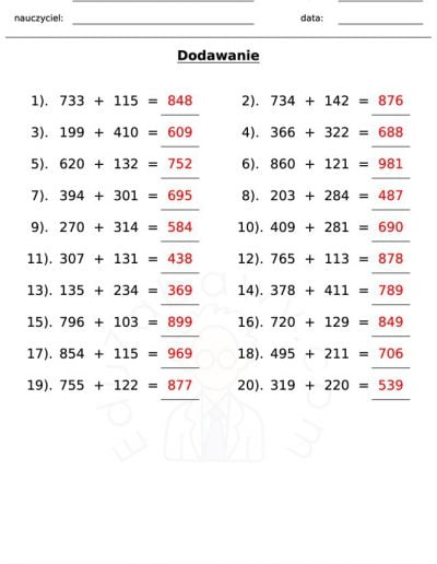 Generator kart pracy: dodawanie 12