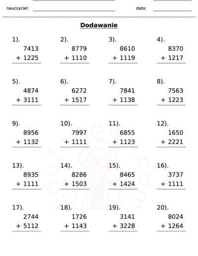 Generator kart pracy: dodawanie 13