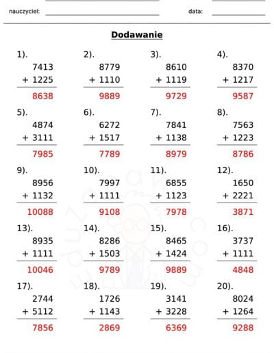 Generator kart pracy: dodawanie 14