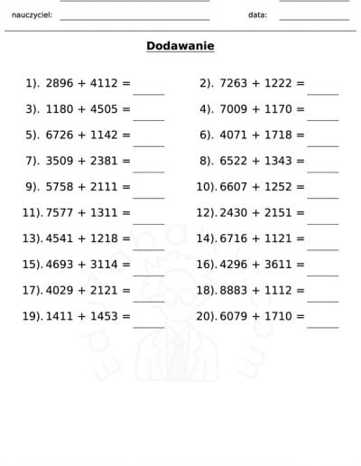 Generator kart pracy: dodawanie 15