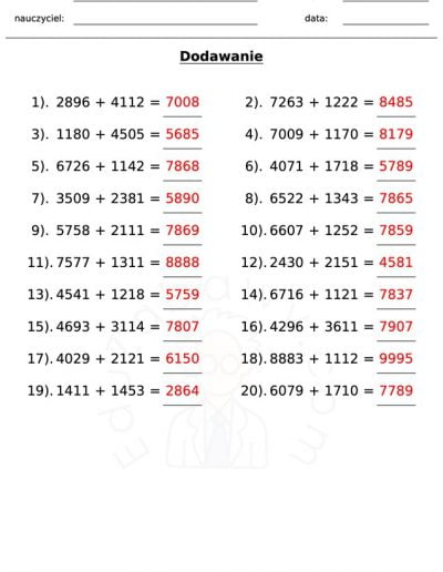 Generator kart pracy: dodawanie 16