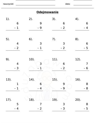 Generator kart pracy: odejmowanie 1