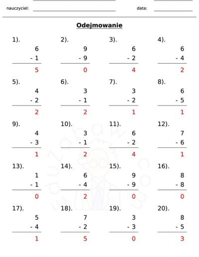 Generator kart pracy: odejmowanie 2