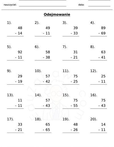 Generator kart pracy: odejmowanie 3