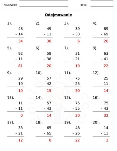 Generator kart pracy: odejmowanie 4
