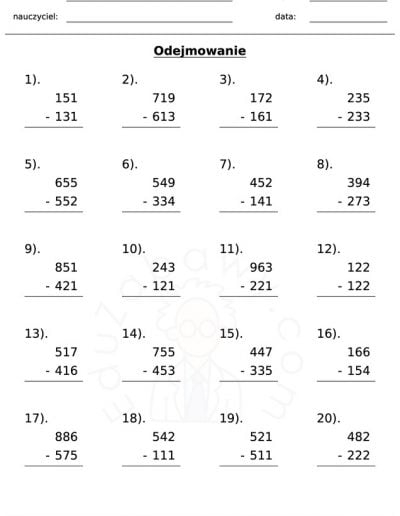 Generator kart pracy: odejmowanie 5