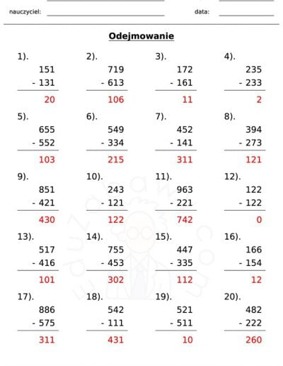 Generator kart pracy: odejmowanie 6