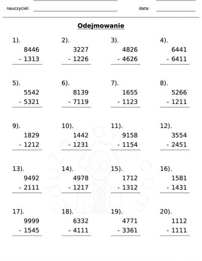 Generator kart pracy: odejmowanie 7