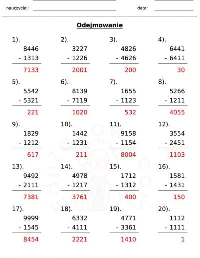 Generator kart pracy: odejmowanie 8