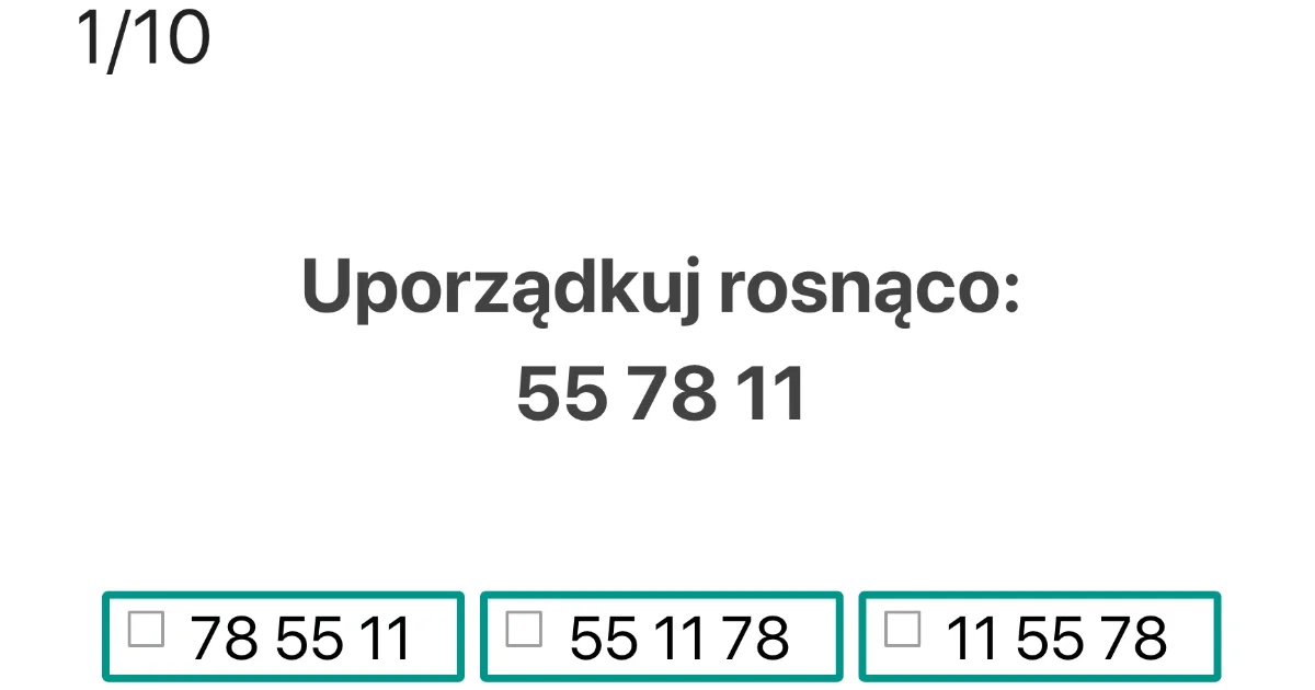 Quiz: Uporządkuj liczby rosnąco (do 100)