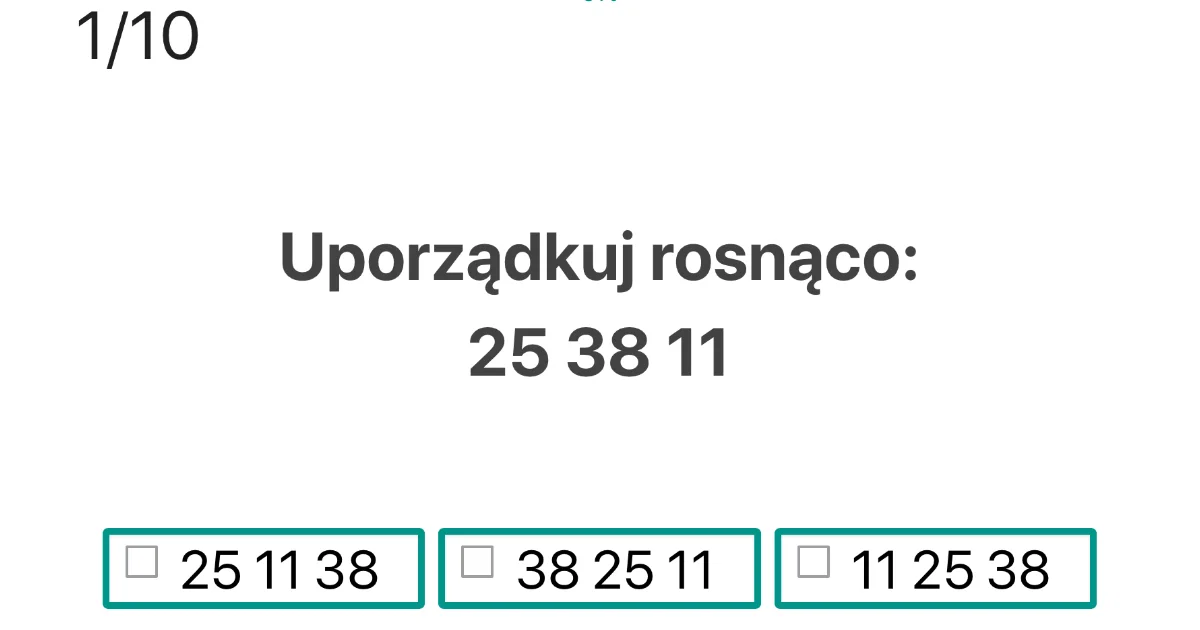 Quiz: Uporządkuj liczby rosnąco (do 50)