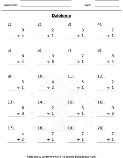 Generator kart pracy: Dzielenie 1