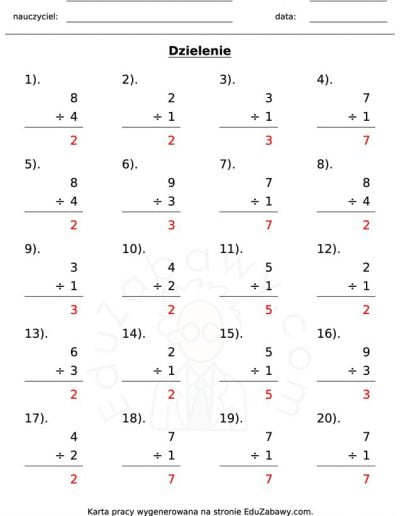 Generator kart pracy: Dzielenie 2