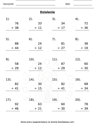 Generator kart pracy: Dzielenie 3