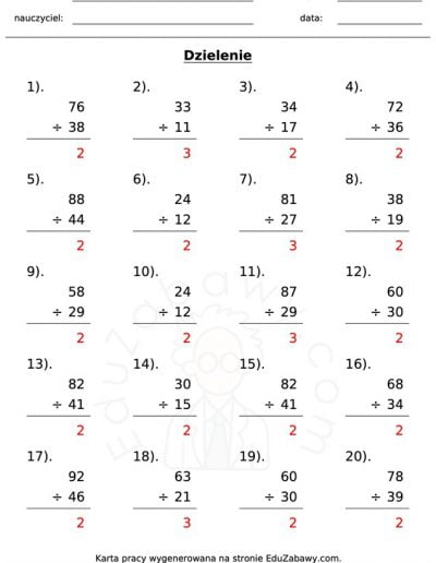 Generator kart pracy: Dzielenie 4