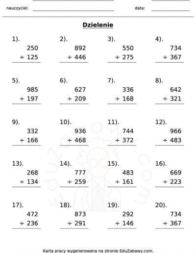 Generator kart pracy: Dzielenie 5