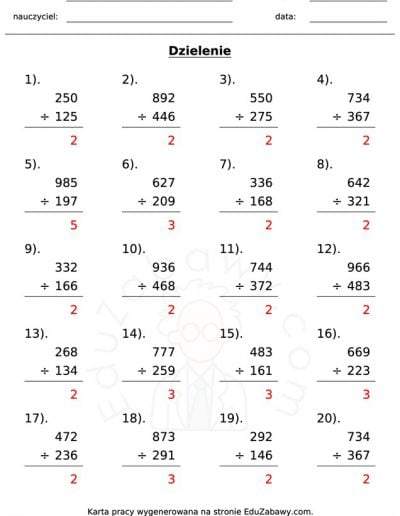 Generator kart pracy: Dzielenie 6