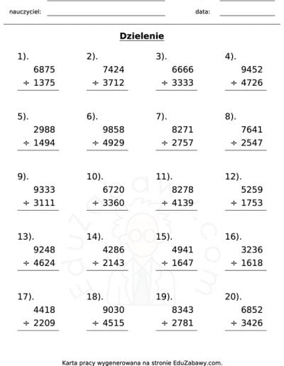 Generator kart pracy: Dzielenie 7