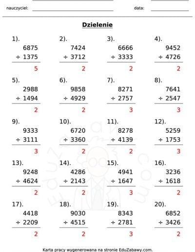 Generator kart pracy: Dzielenie 8