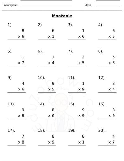 Generator kart pracy: mnożenie 1