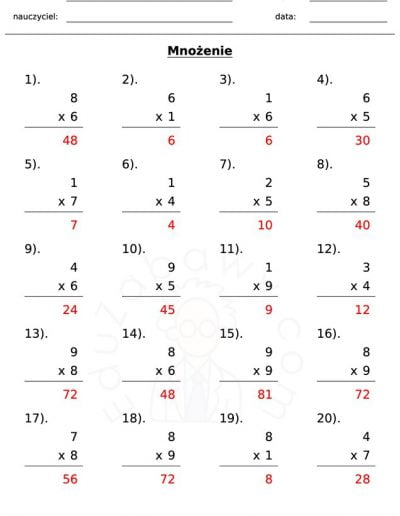 Generator kart pracy: mnożenie 2