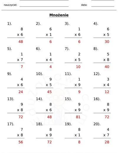 Generator kart pracy: mnożenie 2