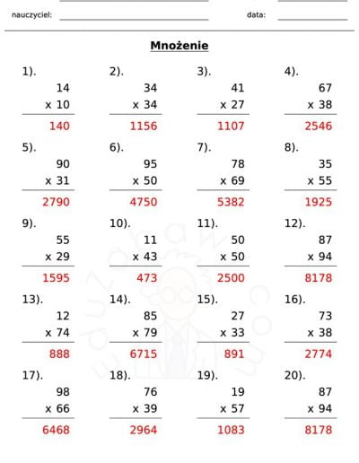 Generator kart pracy: mnożenie 4