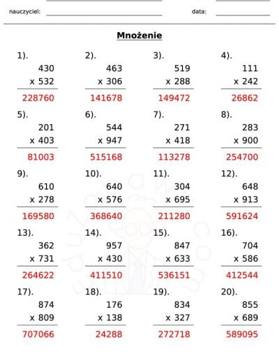 Generator kart pracy: mnożenie 6