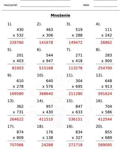 Generator kart pracy: mnożenie 6