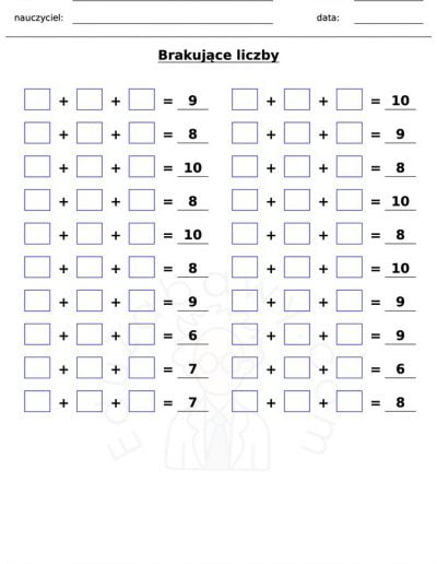 Generator kart pracy: Brakujące liczby 1