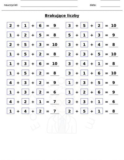 Generator kart pracy: Brakujące liczby 2