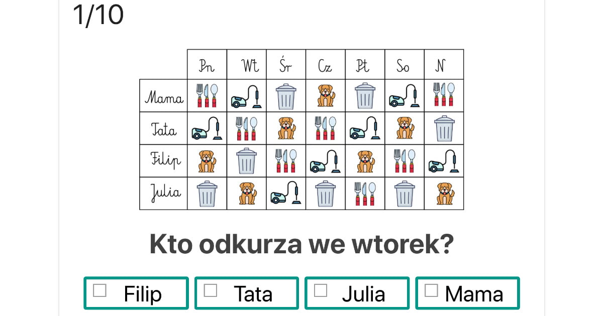 Quiz: Obowiązki domowe (Zaznacz odpowiedź)