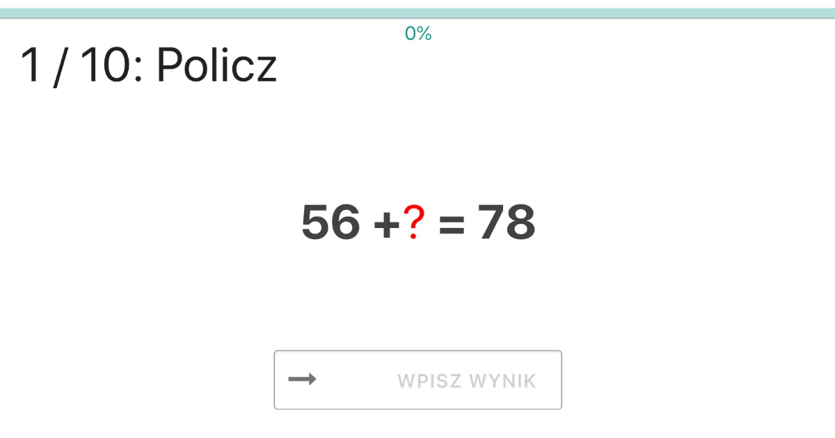Quiz: Dodawanie w zakresie 100 – wstaw brakujący liczbę