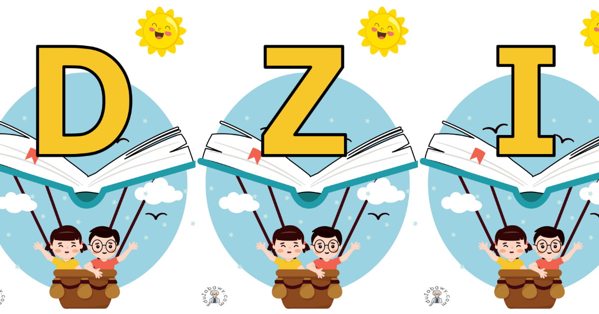 Napis do druku: Dzień Książki z balonem z dziećmi