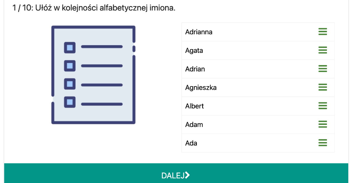 Quiz: Kolejność alfabetyczna – imiona
