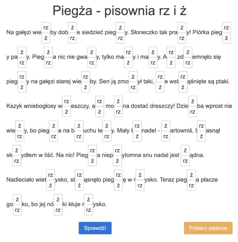 Dyktando online "Piegża" na pisownię RZ i Ż dla uczniów klas 6, 7, 8