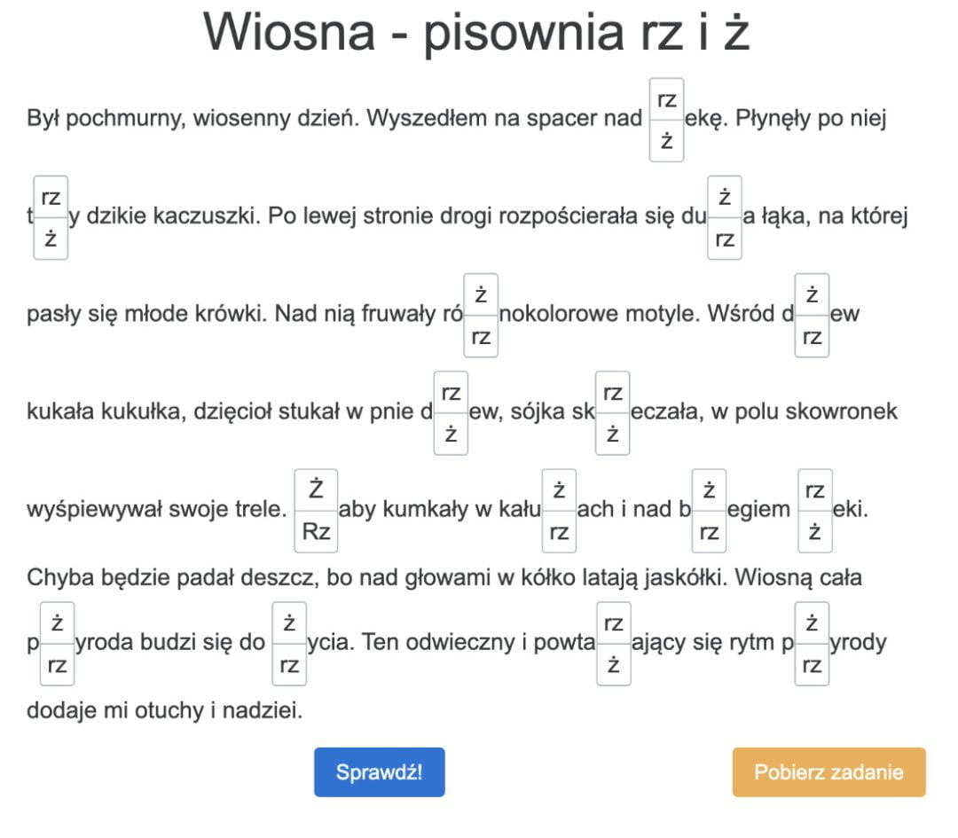 Trudne dyktando online "Wiosna" na pisownię RZ i Ż dla klas 6, 7, 8