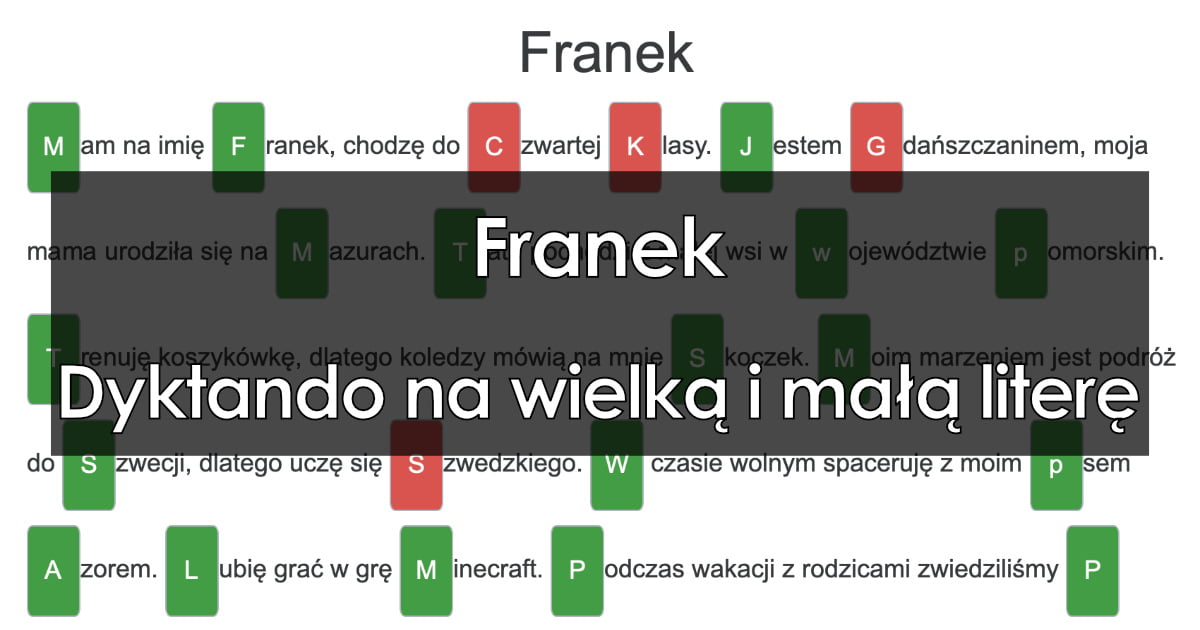 Dyktando Wielka I Mała Litera Dyktando "Franek" na pisownię wielkiej i małej litery dla uczniów klas