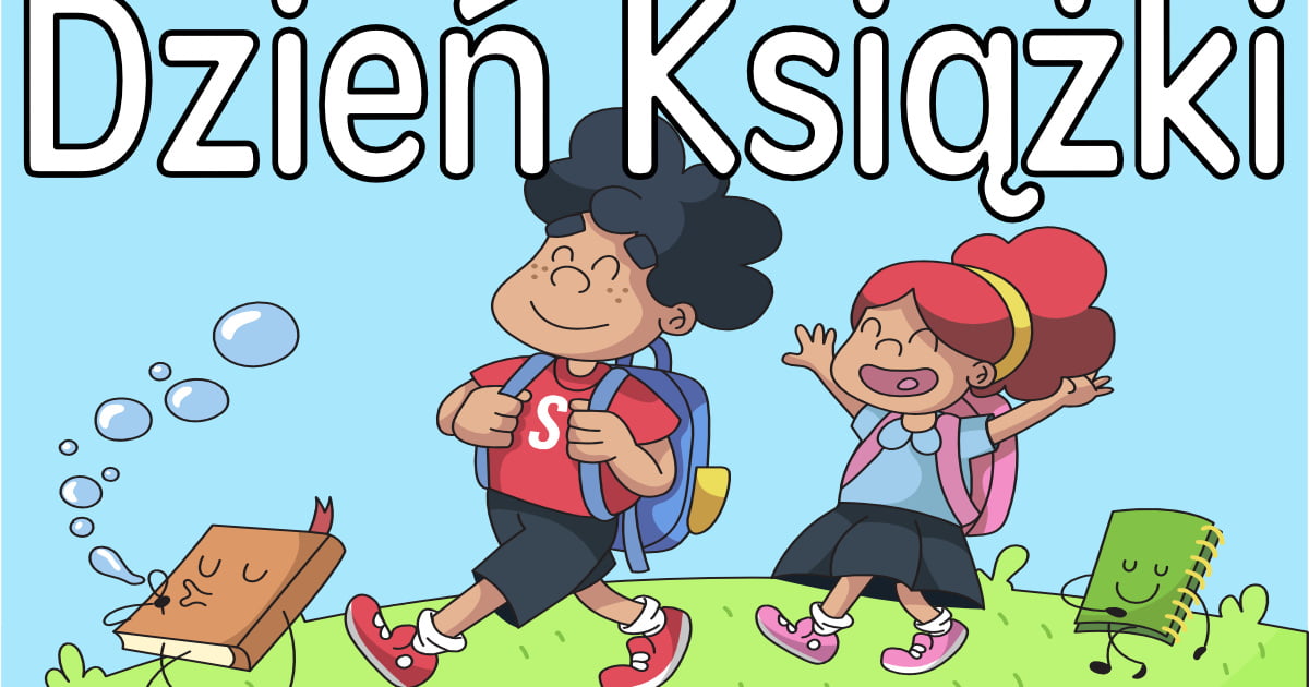 Plakat na Dzień Książki ze spacerującymi dziećmi