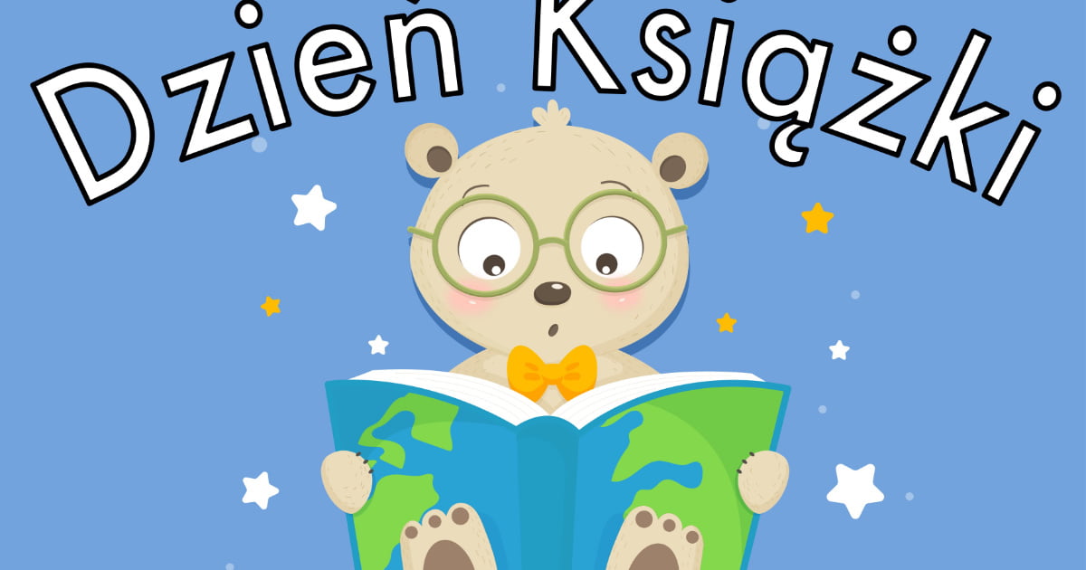 Plakat na Dzień Książki z czytającym misiem