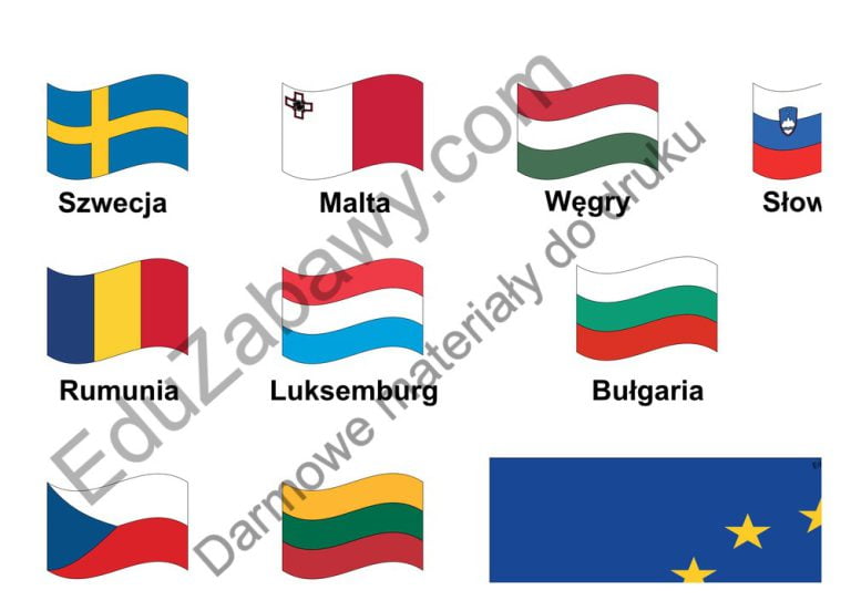 Dekoracje XXL: Flagi krajów Unii Europejskiej do sali przedszkola do druku