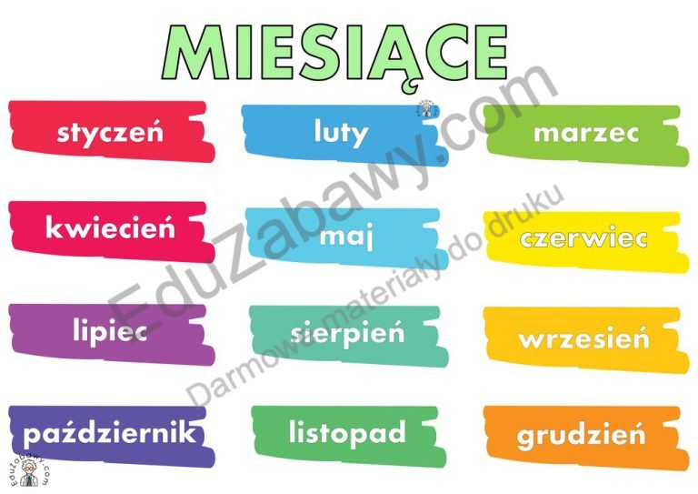 Plakat: Kolorowe nazwy miesięcy: plansze A4 i XXL w PDF do druku