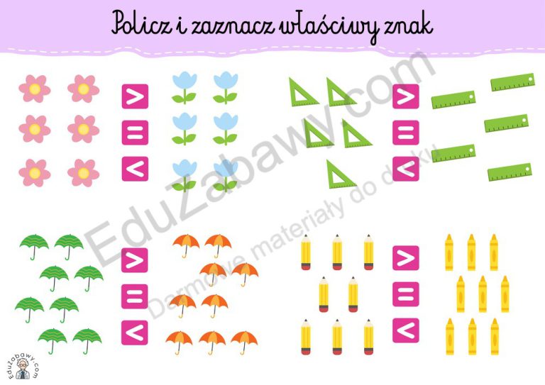 Znak większości i mniejszości do 10: Karty pracy PDF do druku