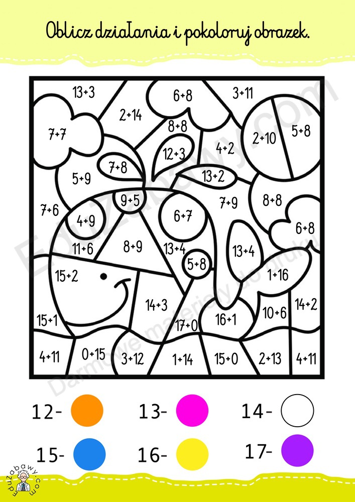 Kolorowanka matematyczna: dodawanie do 20