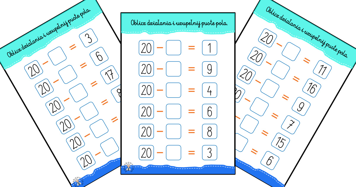 Karty pracy: Odejmowanie od 20 (zadania z 1 niewiadomą)