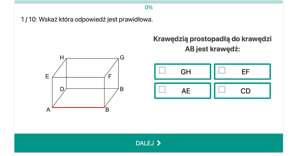 Quiz: Krawędzie prostopadłe i równoległe prostopadłościanu i sześcianu