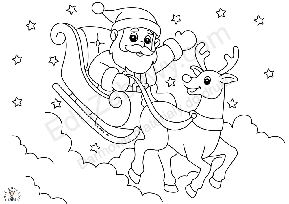 Kolorowanka: Mikołaj w saniach z reniferem