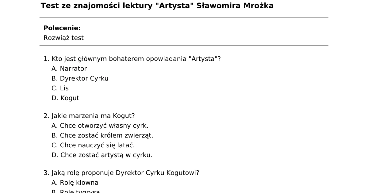 Test z lektury „Artysta”