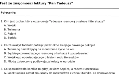 Test z lektury „Pan Tadeusz”