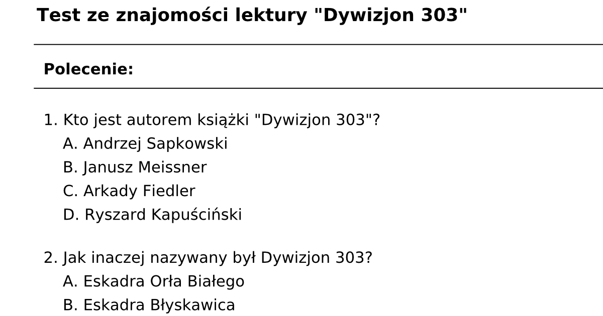 Test Z Lektury "Dywizjon 303": PDF Do Druku Dla Uczniów, Nauczycieli